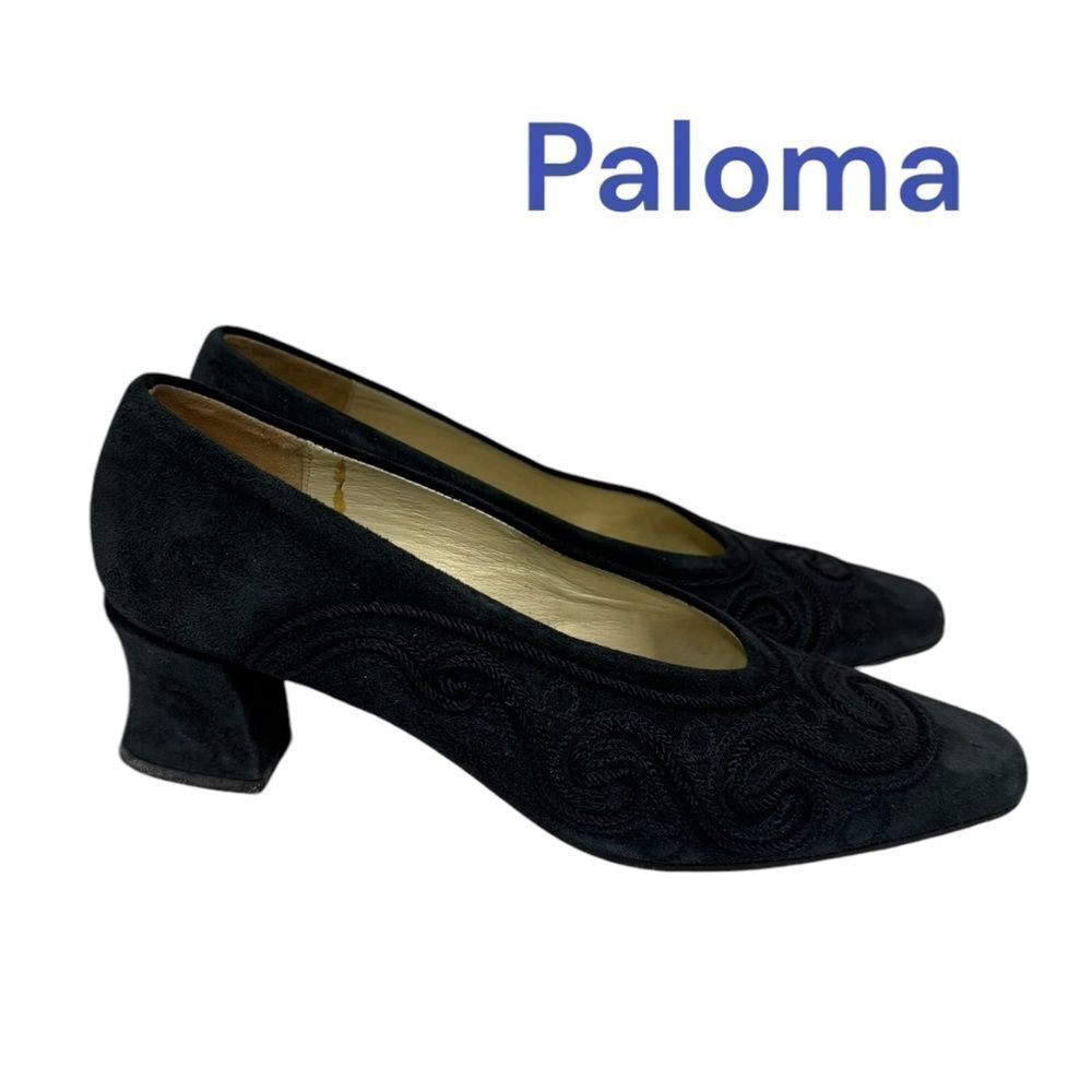 Paloma Dark Navy Suede Leather Embroidered Heels 6